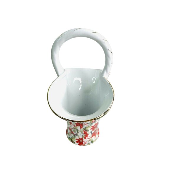 Christmas Basket Vase Poinsettia Ceramic Chintz Formalities Baum Bros 9.5" x 7" - Picture 5 of 8